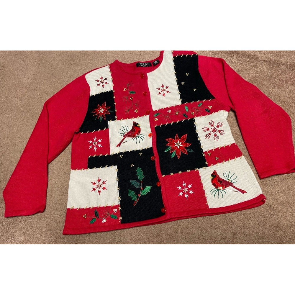 Vtg Crystal Kobe Christmas Cardinal Button Sequins red Embroidered Sweater Med